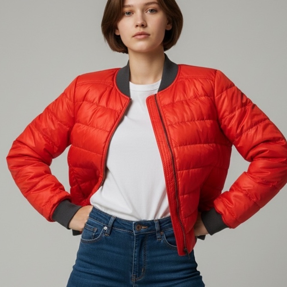 Athleta Goose Down Puffer Bomber Zip Jacket Red Orange Pockets M